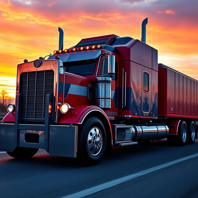 A transformed semi truck resembling Optimus Prime, with a strong and imposing appearance