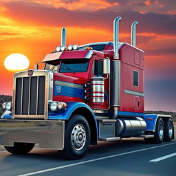 A transformed semi truck resembling Optimus Prime, with a strong and imposing appearance
