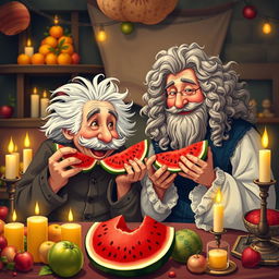 A whimsical scene featuring two iconic physicists, a man with wild white hair and a mustache resembling Albert Einstein and another man with long curly hair dressed in 17th-century attire resembling Isaac Newton, both joyfully eating slices of watermelon together