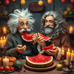 A whimsical scene featuring two iconic physicists, a man with wild white hair and a mustache resembling Albert Einstein and another man with long curly hair dressed in 17th-century attire resembling Isaac Newton, both joyfully eating slices of watermelon together