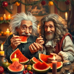 A whimsical scene featuring two iconic physicists, a man with wild white hair and a mustache resembling Albert Einstein and another man with long curly hair dressed in 17th-century attire resembling Isaac Newton, both joyfully eating slices of watermelon together