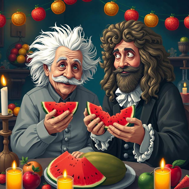 A whimsical scene featuring two iconic physicists, a man with wild white hair and a mustache resembling Albert Einstein and another man with long curly hair dressed in 17th-century attire resembling Isaac Newton, both joyfully eating slices of watermelon together