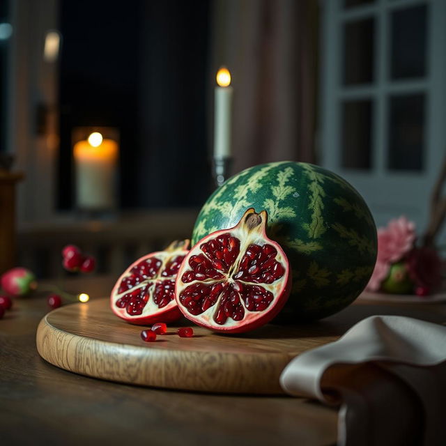 A beautiful still life composition featuring a pomegranate and a watermelon placed elegantly on a wooden table at night