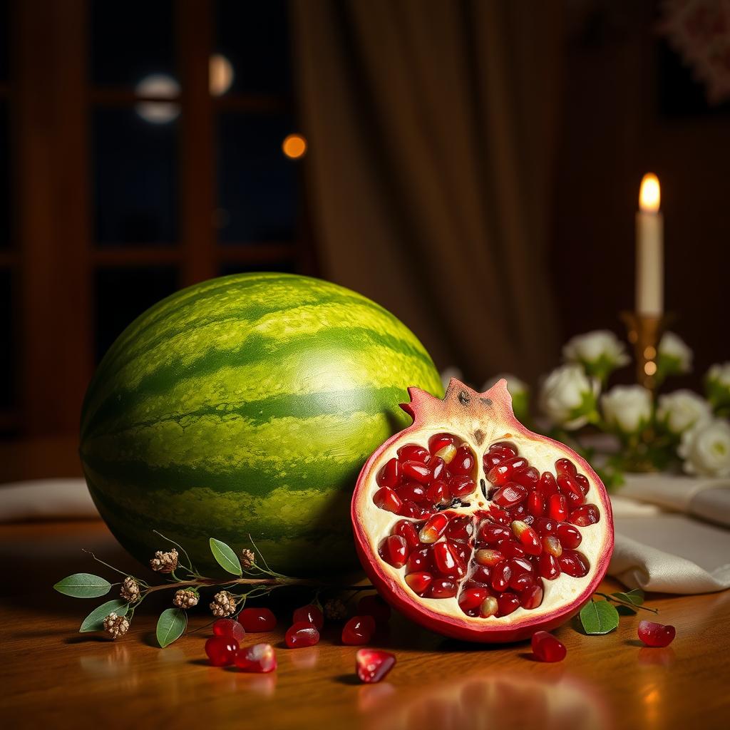 A beautiful still life composition featuring a pomegranate and a watermelon placed elegantly on a wooden table at night