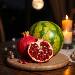 A beautiful still life composition featuring a pomegranate and a watermelon placed elegantly on a wooden table at night