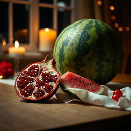 A beautiful still life composition featuring a pomegranate and a watermelon placed elegantly on a wooden table at night