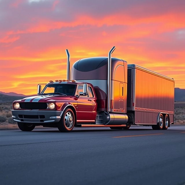 A surreal and imaginative scene featuring a Ford Mustang designed as a semi-truck, blending the classic muscle car aesthetic with the robust functionality of a semi-trailer