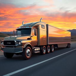 A surreal and imaginative scene featuring a Ford Mustang designed as a semi-truck, blending the classic muscle car aesthetic with the robust functionality of a semi-trailer