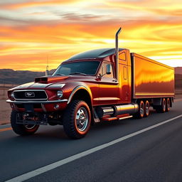 A surreal and imaginative scene featuring a Ford Mustang designed as a semi-truck, blending the classic muscle car aesthetic with the robust functionality of a semi-trailer