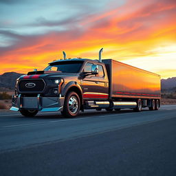 A surreal and imaginative scene featuring a Ford Mustang designed as a semi-truck, blending the classic muscle car aesthetic with the robust functionality of a semi-trailer