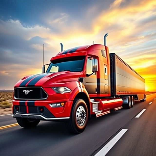 A Ford Mustang creatively transformed into a semi-truck, featuring the iconic muscular body of the Mustang but with a truck bed, long trailer, and oversized tires