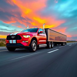 A Ford Mustang creatively transformed into a semi-truck, featuring the iconic muscular body of the Mustang but with a truck bed, long trailer, and oversized tires