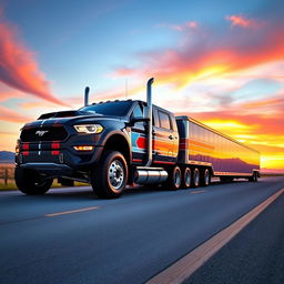 A Ford Mustang creatively transformed into a semi-truck, featuring the iconic muscular body of the Mustang but with a truck bed, long trailer, and oversized tires