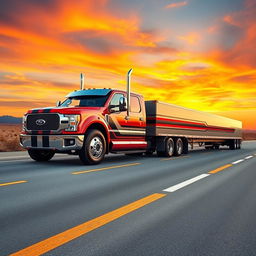 A Ford Mustang creatively transformed into a semi-truck, featuring the iconic muscular body of the Mustang but with a truck bed, long trailer, and oversized tires