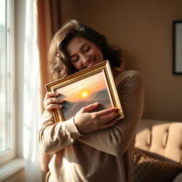 A person tenderly hugging a framed picture, displaying affection and warmth
