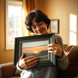 A person tenderly hugging a framed picture, displaying affection and warmth