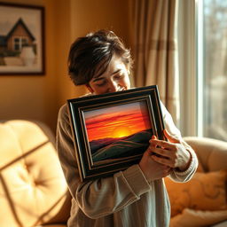 A person tenderly hugging a framed picture, displaying affection and warmth