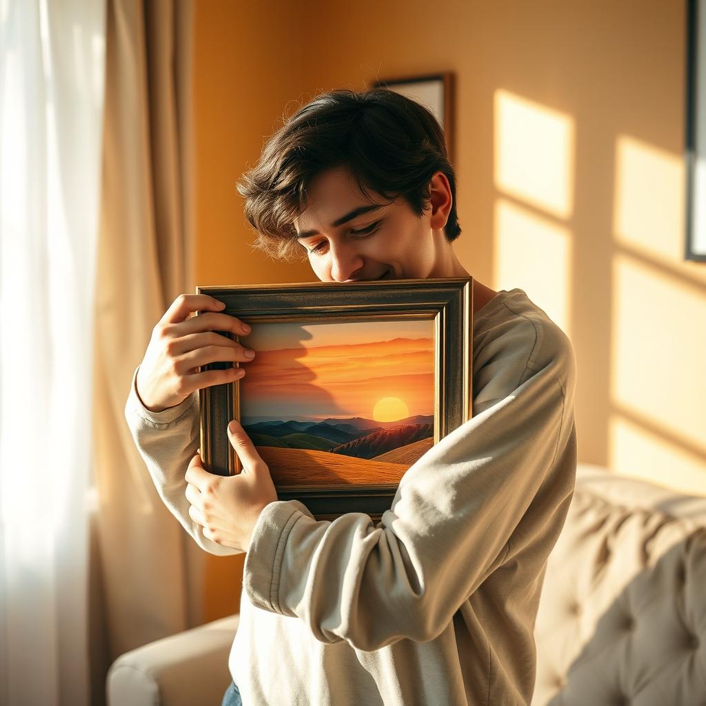 A person tenderly hugging a framed picture, displaying affection and warmth