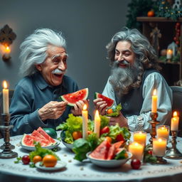 A whimsical scene featuring two iconic physicists, a man with wild white hair and a mustache resembling Albert Einstein and another man with long curly hair dressed in 17th-century attire resembling Isaac Newton, both joyfully eating slices of watermelon and fresh lettuce together