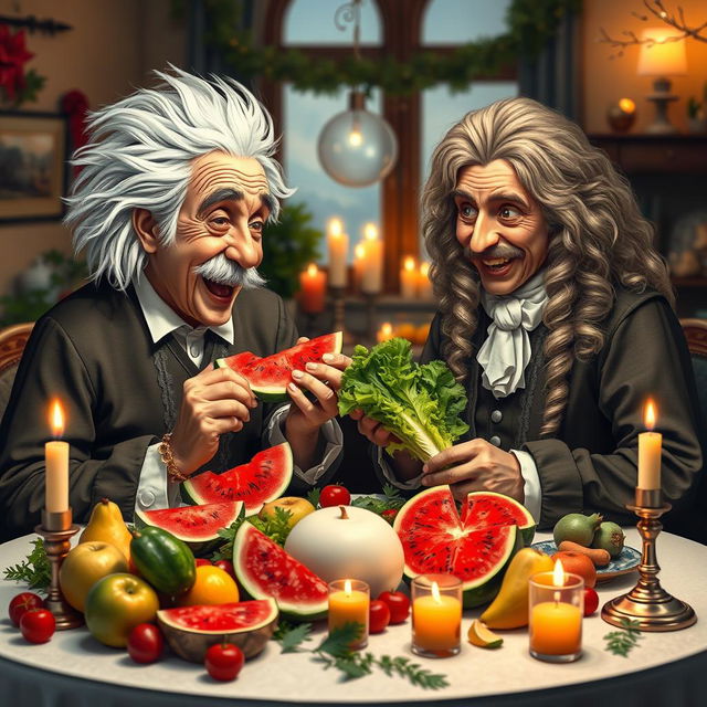 A whimsical scene featuring two iconic physicists, a man with wild white hair and a mustache resembling Albert Einstein and another man with long curly hair dressed in 17th-century attire resembling Isaac Newton, both joyfully eating slices of watermelon and fresh lettuce together