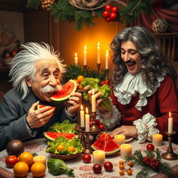 A whimsical scene featuring two iconic physicists, a man with wild white hair and a mustache resembling Albert Einstein and another man with long curly hair dressed in 17th-century attire resembling Isaac Newton, both joyfully eating slices of watermelon and fresh lettuce together