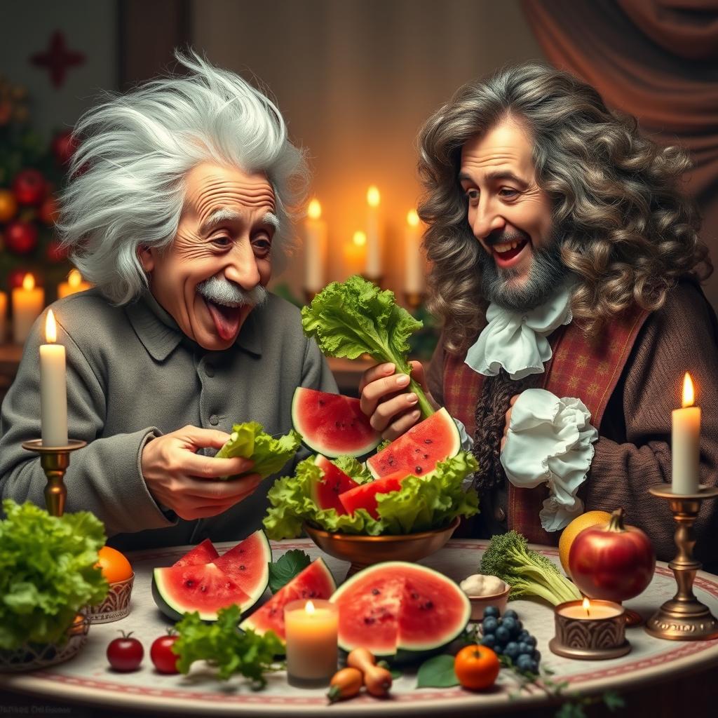 A whimsical scene featuring two iconic physicists, a man with wild white hair and a mustache resembling Albert Einstein and another man with long curly hair dressed in 17th-century attire resembling Isaac Newton, both joyfully eating slices of watermelon and fresh lettuce together