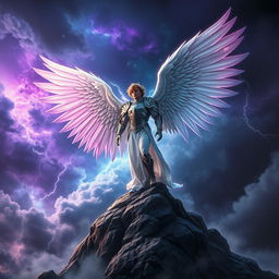A magnificent archangel with large, white feathered wings, radiating a soft nebula light in vibrant shades of purple, blue, and pink, set against a dramatic stormy sky