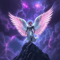 A magnificent archangel with large, white feathered wings, radiating a soft nebula light in vibrant shades of purple, blue, and pink, set against a dramatic stormy sky