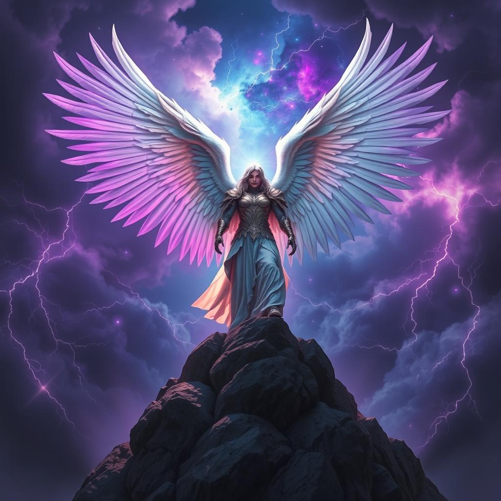 A magnificent archangel with large, white feathered wings, radiating a soft nebula light in vibrant shades of purple, blue, and pink, set against a dramatic stormy sky