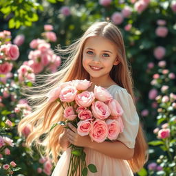 A beautiful girl with long flowing hair, dressed in a soft pastel dress, holding a bouquet of pink roses