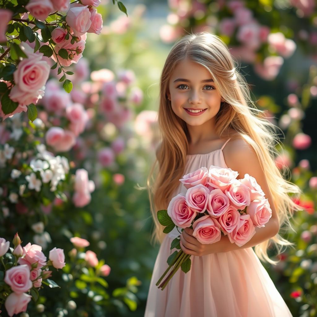 A beautiful girl with long flowing hair, dressed in a soft pastel dress, holding a bouquet of pink roses