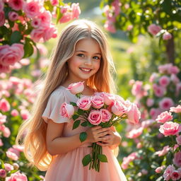 A beautiful girl with long flowing hair, dressed in a soft pastel dress, holding a bouquet of pink roses