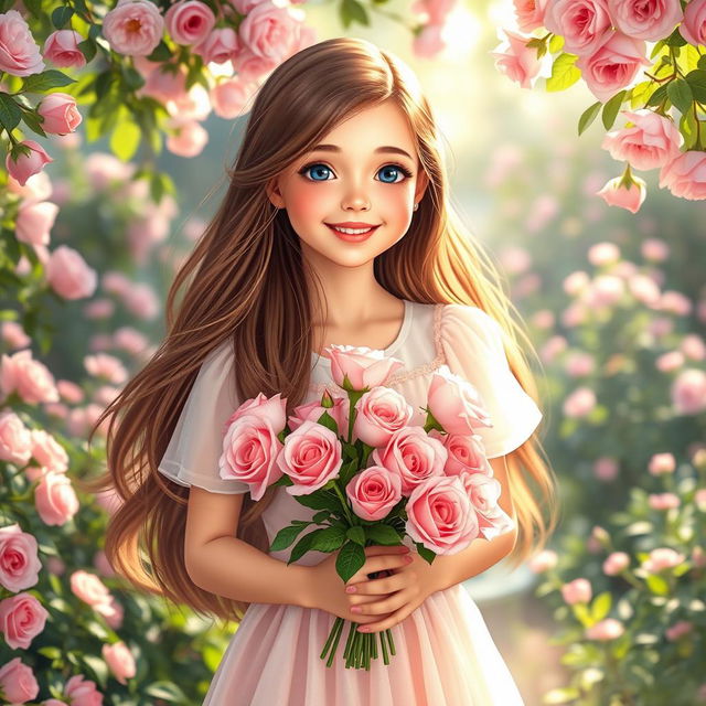 A beautiful girl with long flowing hair, dressed in a soft pastel dress, holding a bouquet of pink roses