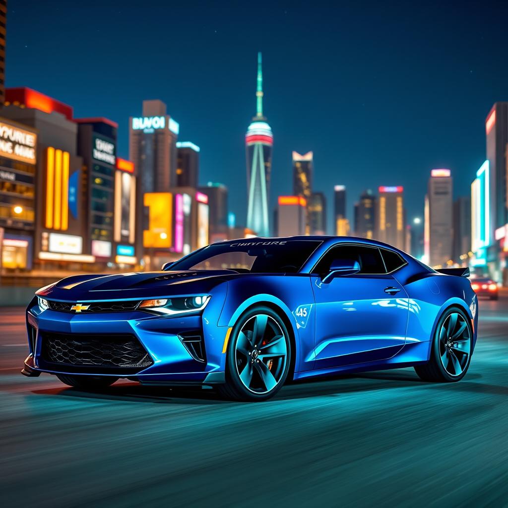 A futuristic 2026 Chevrolet Camaro, featuring an aggressive and sleek design with sharp lines and a compact form, dazzling paint in iridescent blue, sporty alloy wheels, and modern LED headlights