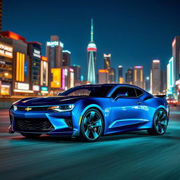 A futuristic 2026 Chevrolet Camaro, featuring an aggressive and sleek design with sharp lines and a compact form, dazzling paint in iridescent blue, sporty alloy wheels, and modern LED headlights