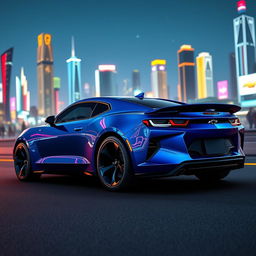 A futuristic 2026 Chevrolet Camaro, featuring an aggressive and sleek design with sharp lines and a compact form, dazzling paint in iridescent blue, sporty alloy wheels, and modern LED headlights