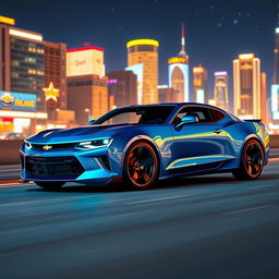 A futuristic 2026 Chevrolet Camaro, featuring an aggressive and sleek design with sharp lines and a compact form, dazzling paint in iridescent blue, sporty alloy wheels, and modern LED headlights