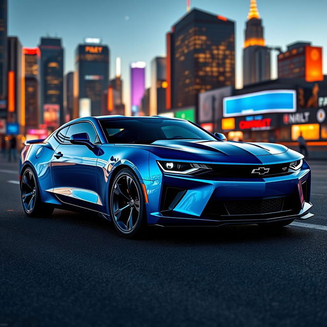 A futuristic 2026 Chevrolet Camaro, featuring an aggressive and sleek design with sharp lines and a compact form, dazzling paint in iridescent blue, sporty alloy wheels, and modern LED headlights