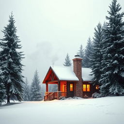A serene winter landscape featuring a cozy log cabin with smoke gently billowing from the chimney