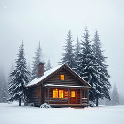 A serene winter landscape featuring a cozy log cabin with smoke gently billowing from the chimney