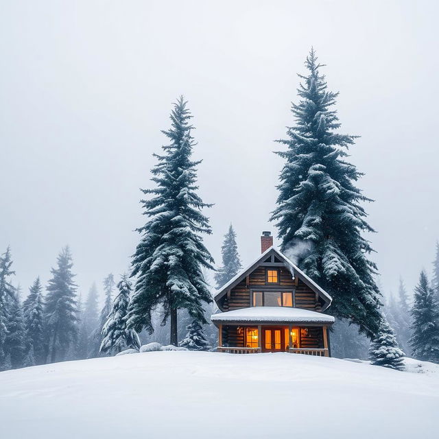 A serene winter landscape featuring a cozy log cabin with smoke gently billowing from the chimney