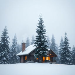 A serene winter landscape featuring a cozy log cabin with smoke gently billowing from the chimney