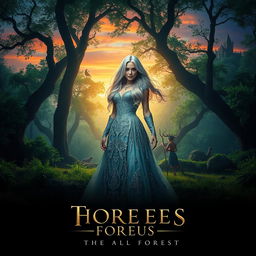 A captivating film poster featuring a striking, mysterious and romantic scene set in an ancient magical forest