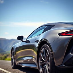 A sleek, modern car with a glossy steel grey finish, showcasing its aerodynamic design