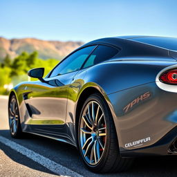 A sleek, modern car with a glossy steel grey finish, showcasing its aerodynamic design