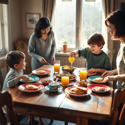 A cozy breakfast scene set on an old-fashioned 90s wooden table