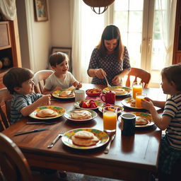 A cozy breakfast scene set on an old-fashioned 90s wooden table