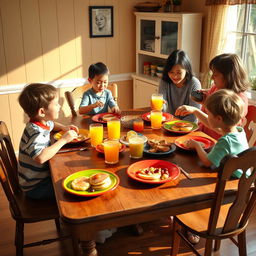 A cozy breakfast scene set on an old-fashioned 90s wooden table