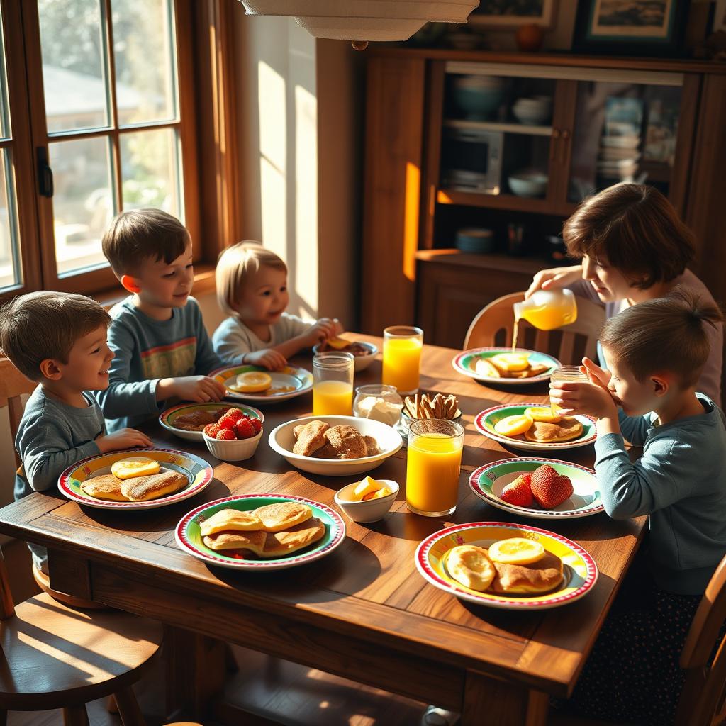 A cozy breakfast scene set on an old-fashioned 90s wooden table