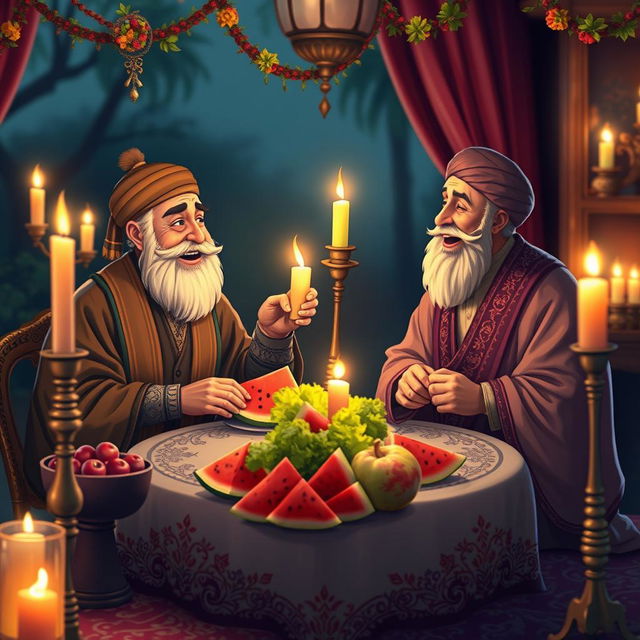 A charming scene featuring two historical Persian poets, Hafez and Saedi, sitting together at a beautifully decorated table celebrating Yalda night